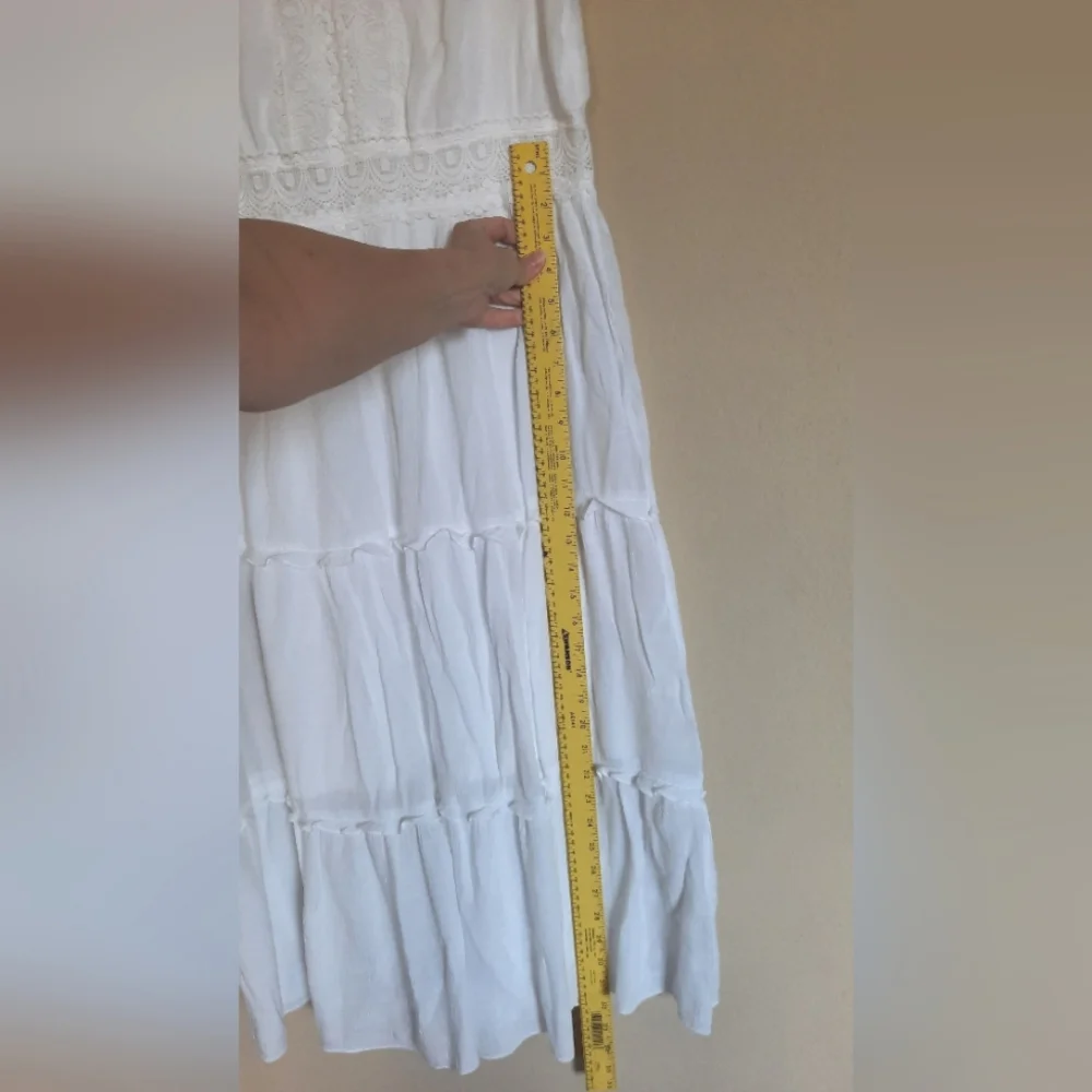 Vintage VTG Boho White Tiered Crochet Lace Prairie Boho Cowgirl Dress Sundress